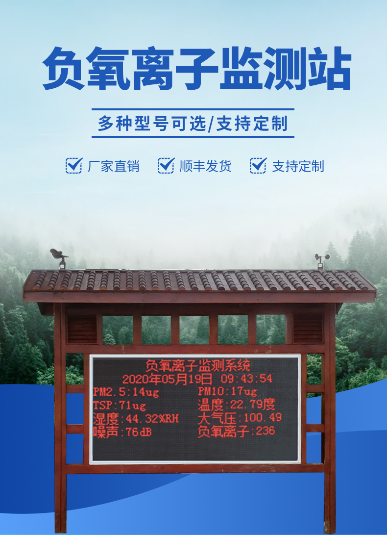 景区大屏负氧离子监测站-实时显示监测数据，将负氧离子可视化